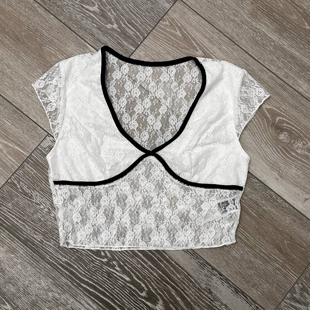 Shein Sz XS Sheer Lace Crop Top White w Black Trim Darling!!